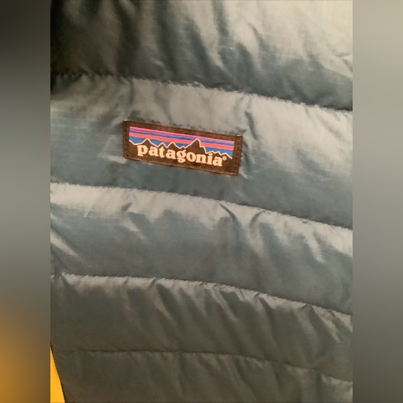 Patagonia Men's Down Puffer Jacket Teal Blue With Lime Yellow Zipper Size XS - Picture 5 of 12